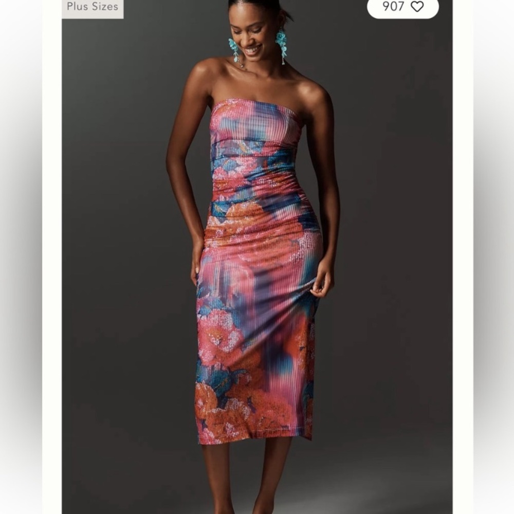 Anthropologie Soleil Strapless Slim Ruched MIDI 
 Dress XS Small New Pink Blue
